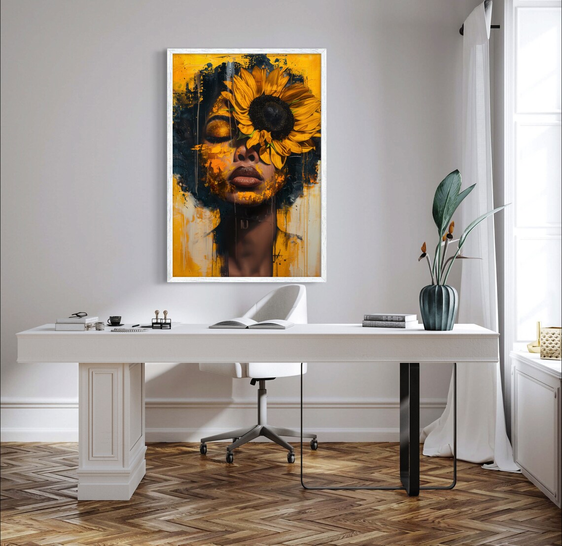 Woman Portrait with Sunflower Covering One Eye in Gold Tones Poster - Image 3