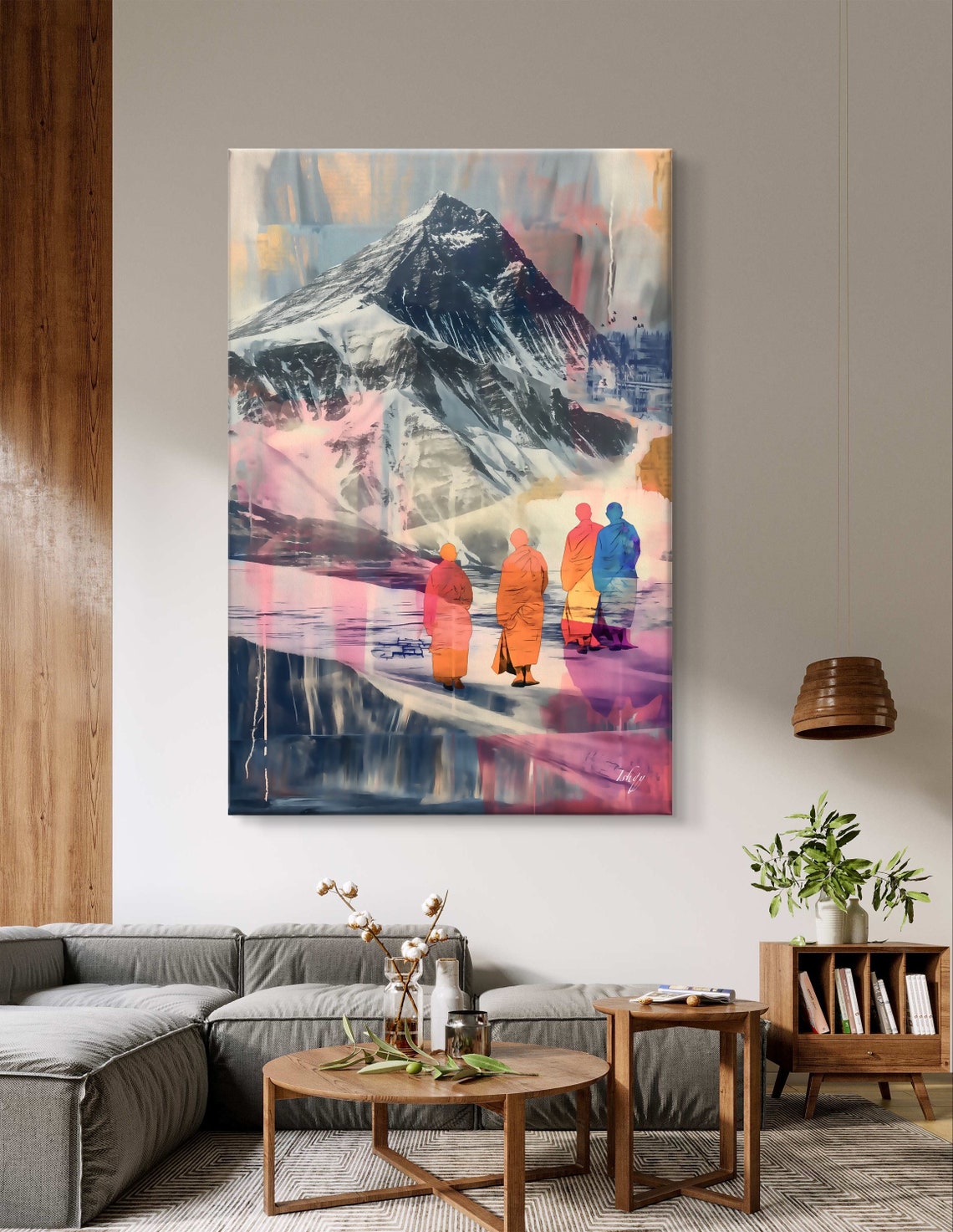 Tibetan Monks Walking Toward Snowy Mountain Peaks Art Poster - Image 6