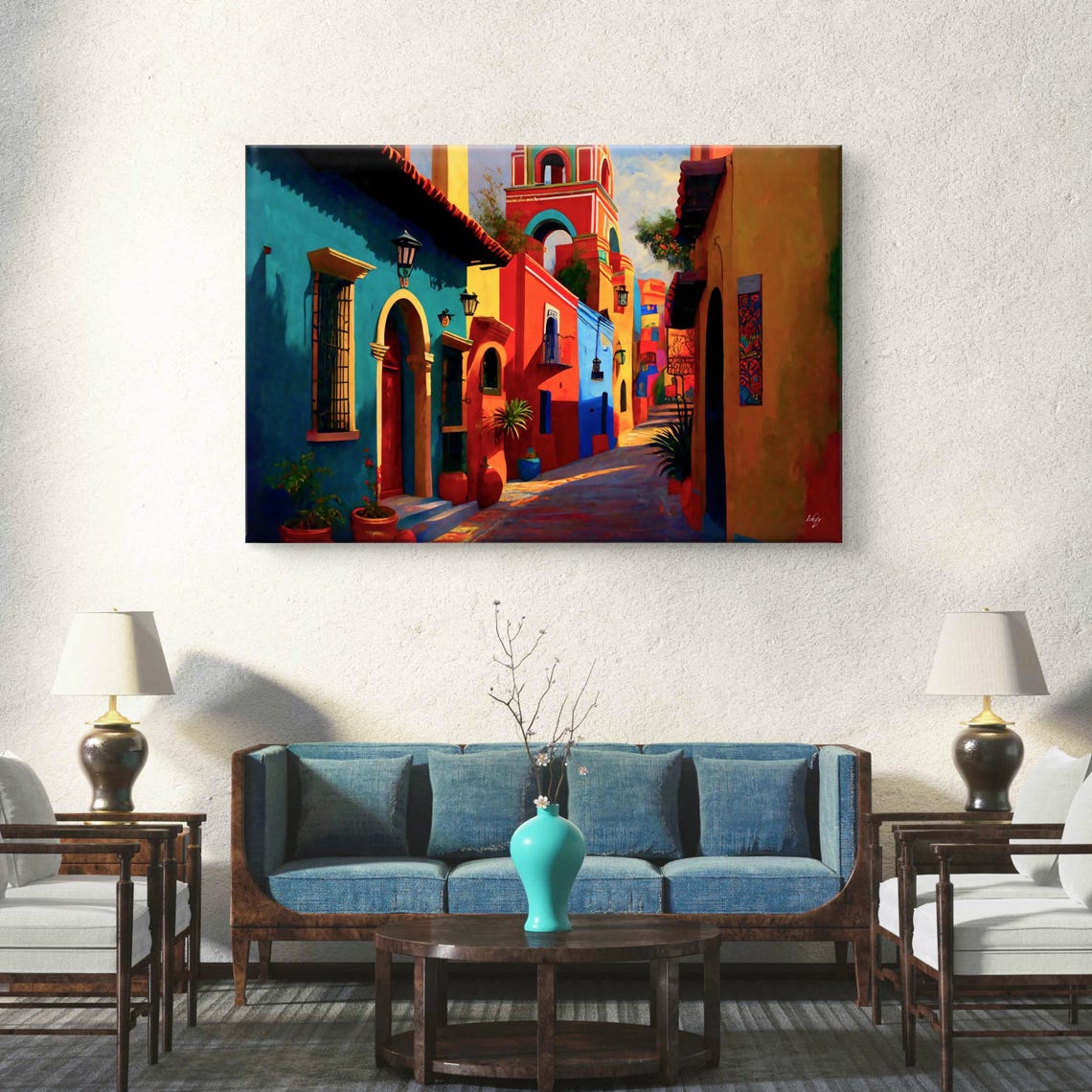 Sunlit Mexican Colonial Street With Red Bell Tower Village Poster - Image 4