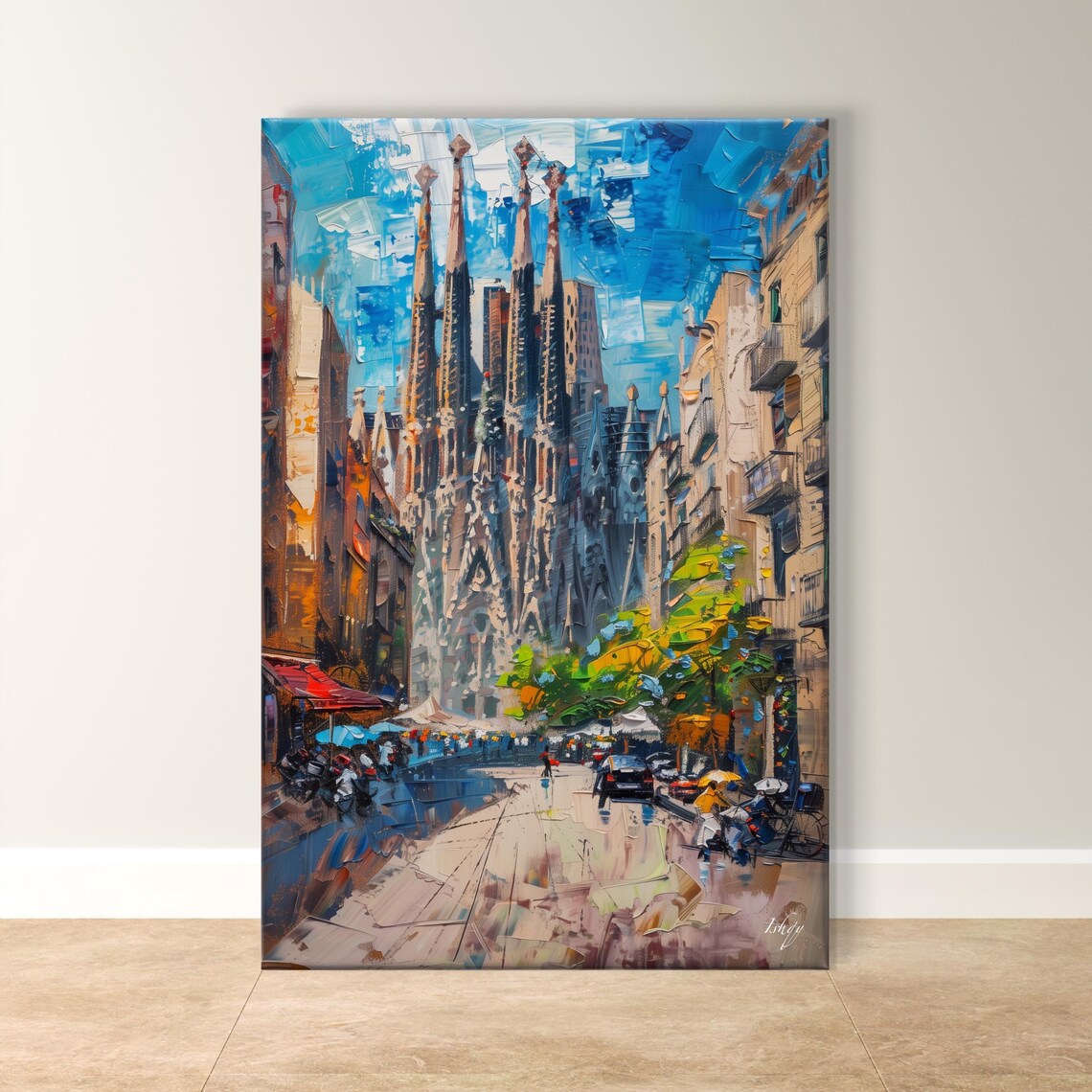 Sagrada Familia Barcelona Street Scene Bold Impasto Cityscape Poster