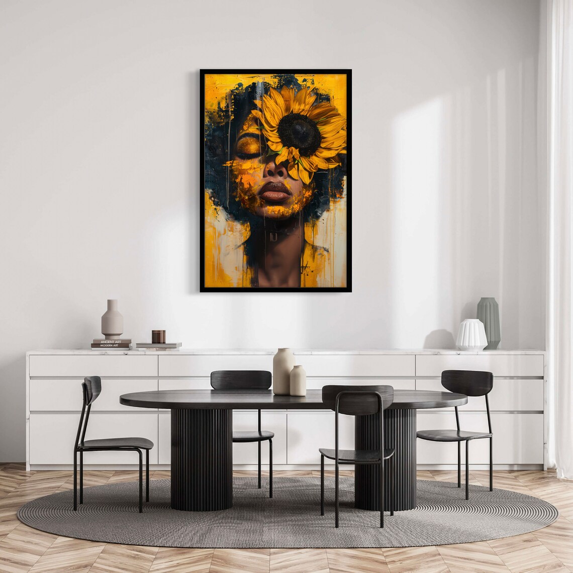 Woman Portrait with Sunflower Covering One Eye in Gold Tones Poster - Image 2