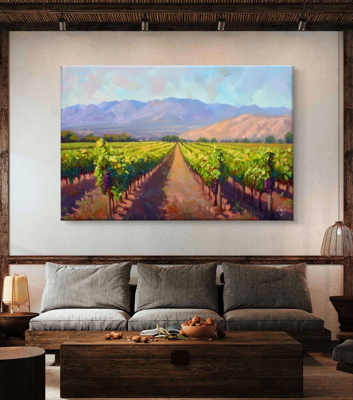 Vineyard Rows at Golden Hour with Mountain Backdrop Art Poster - Image 5