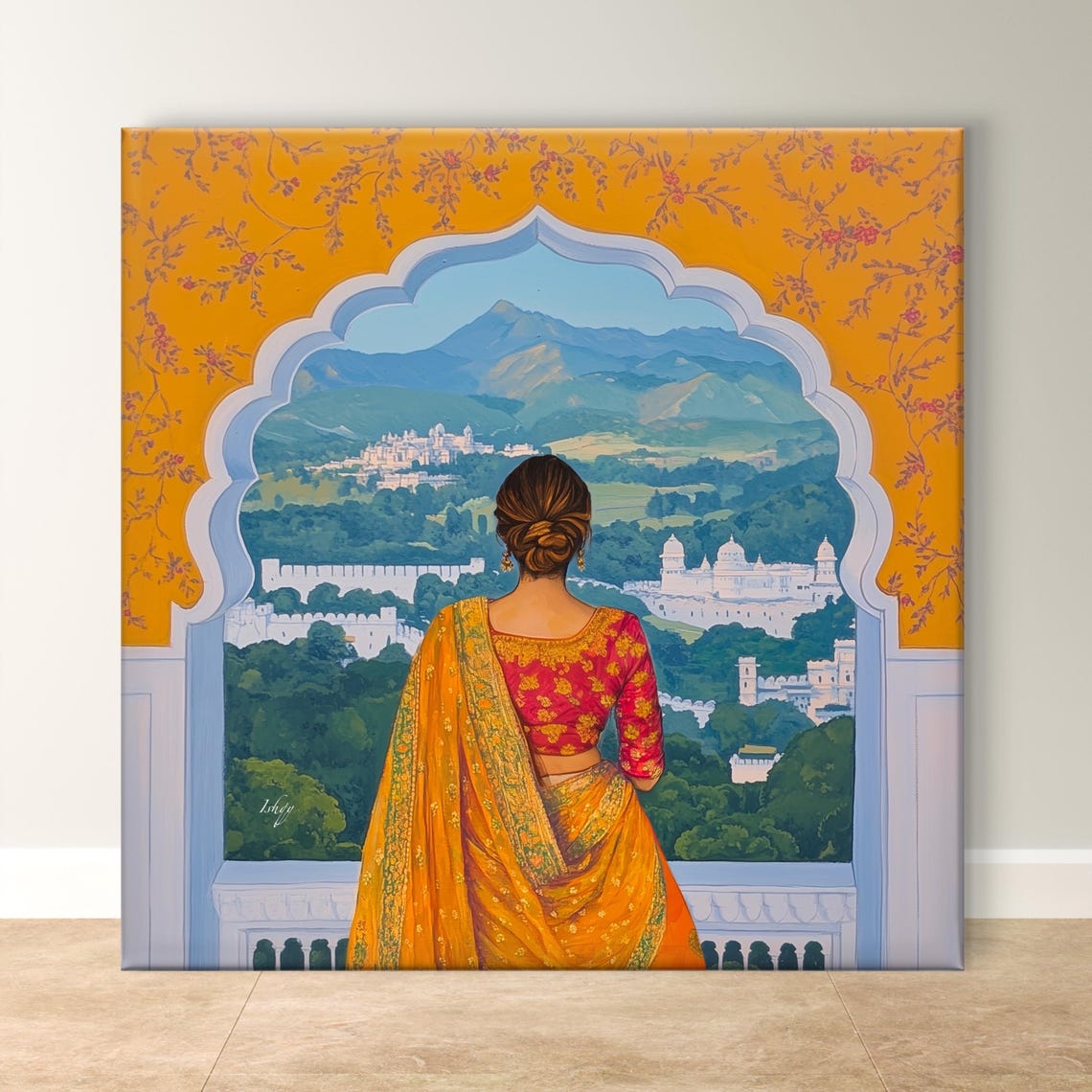 Woman at Palace Window Orange Saree India Royal View Art Poster