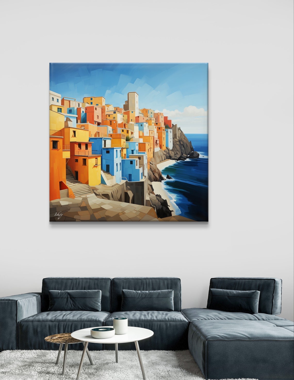 Colorful Mediterranean Cliffside Town by the Sea Daytime Poster - Image 5