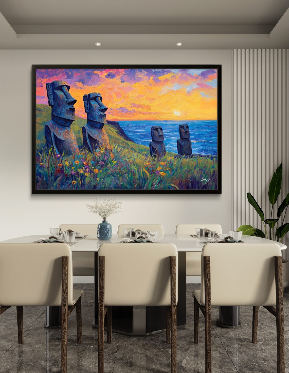 Easter Island Moai Statues at Sunset Over Ocean and Wildflowers Poster - Image 2