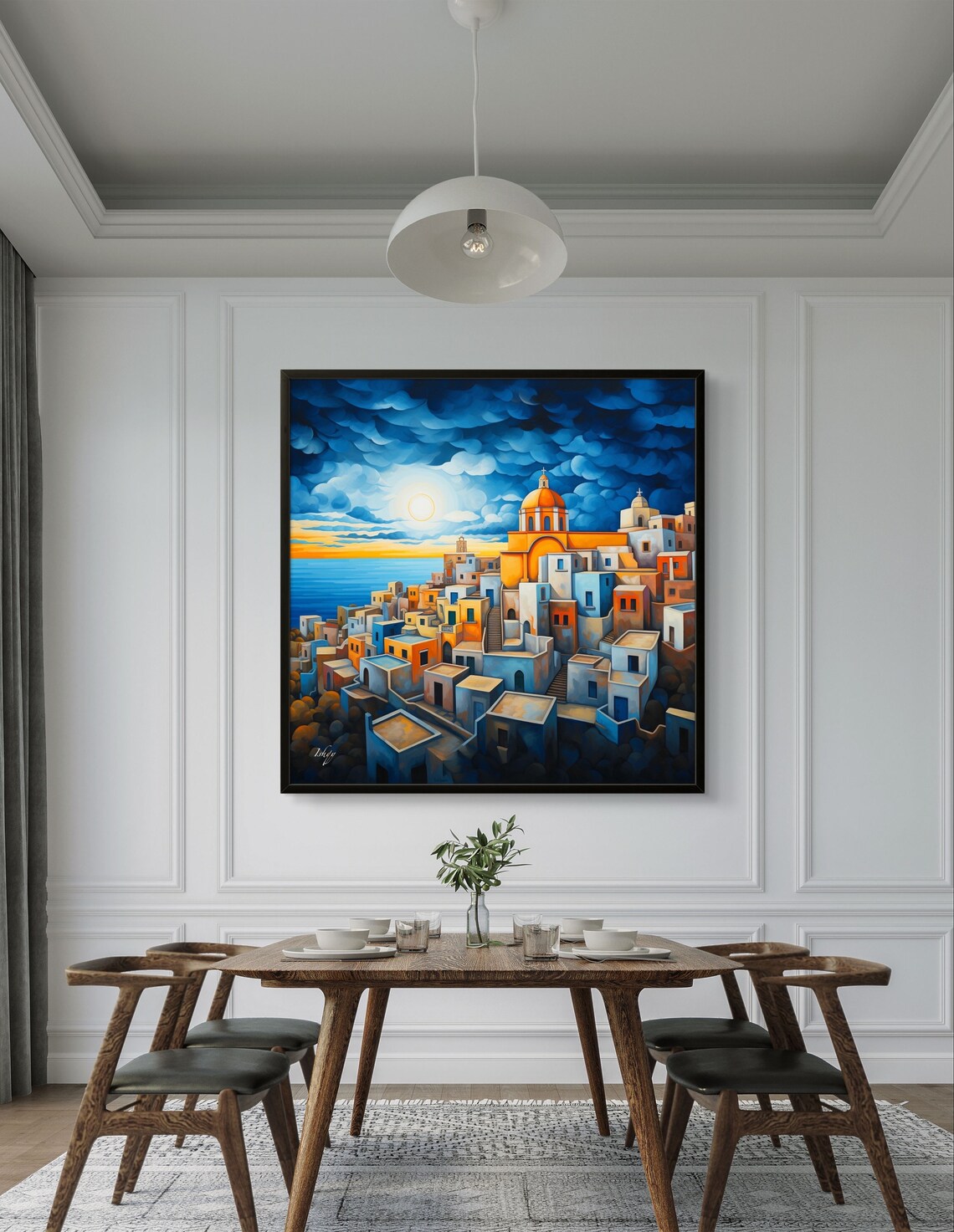 Greek Island Coastal Town at Sunset with Blue Domed Church Poster - Image 4