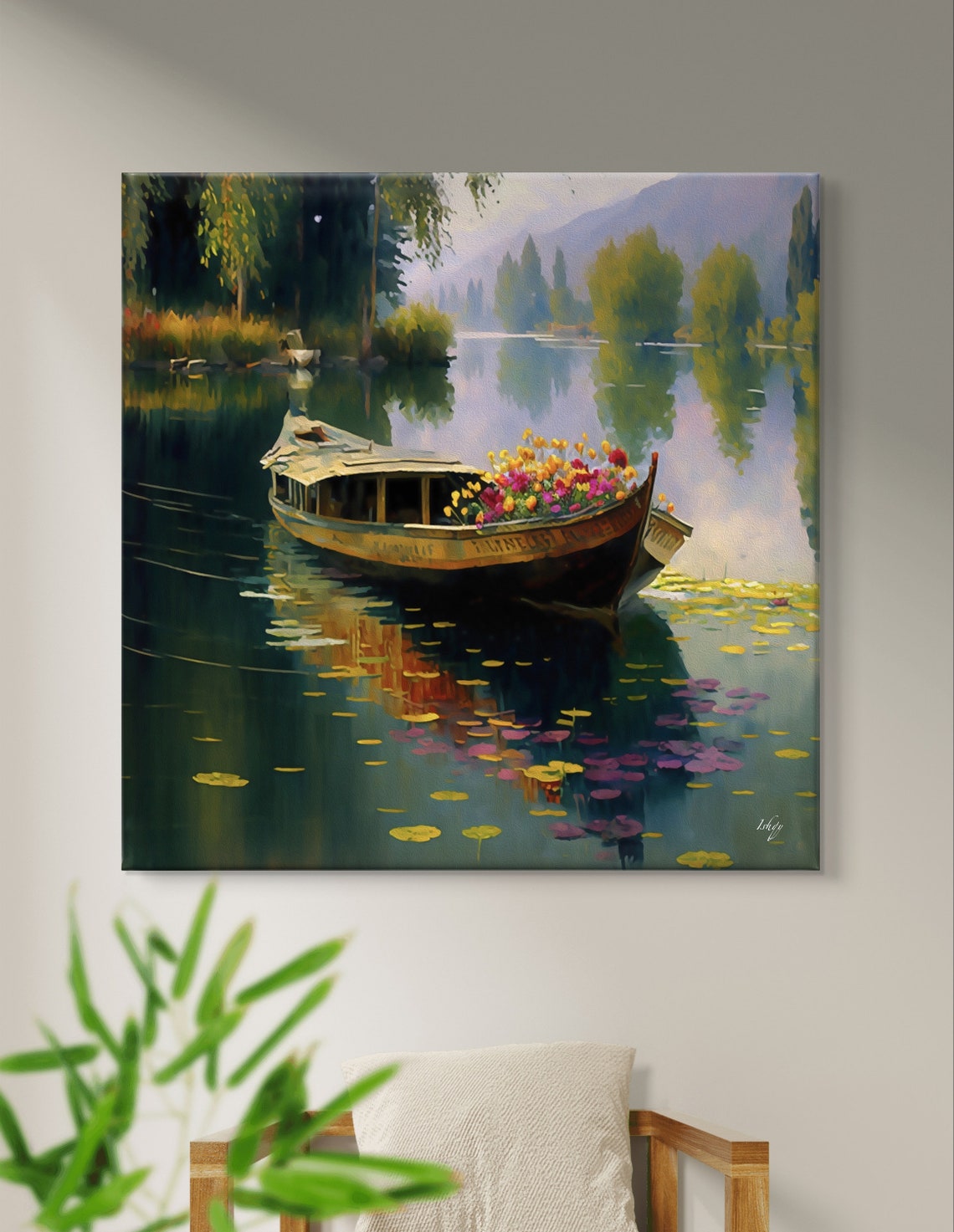Shikara Flower Boat Gliding Past Lily Pads Lake Scene Art Poster - Image 5