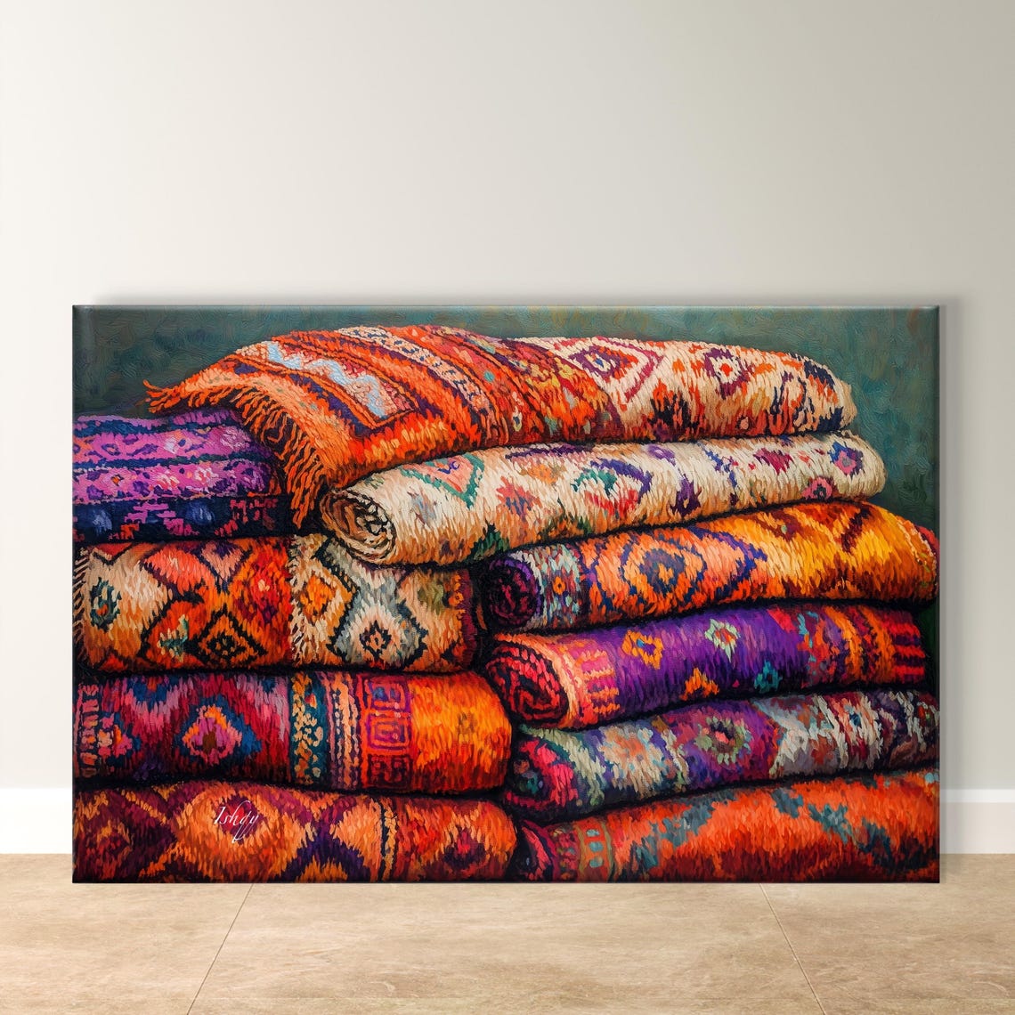 Colorful Stacked Woven Blankets Mexican Textile Pattern Poster