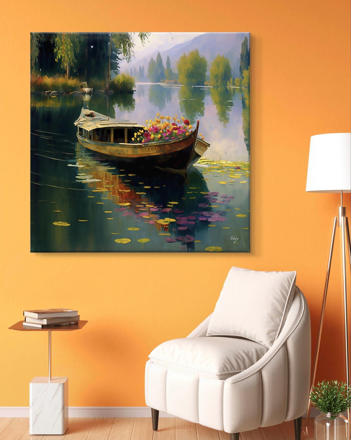 Shikara Flower Boat Gliding Past Lily Pads Lake Scene Art Poster - Image 6