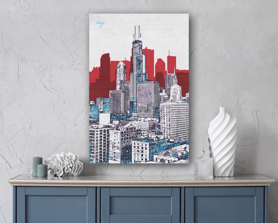 Chicago Skyline Line Art in Red and Blue Graphic Style Poster - Image 5