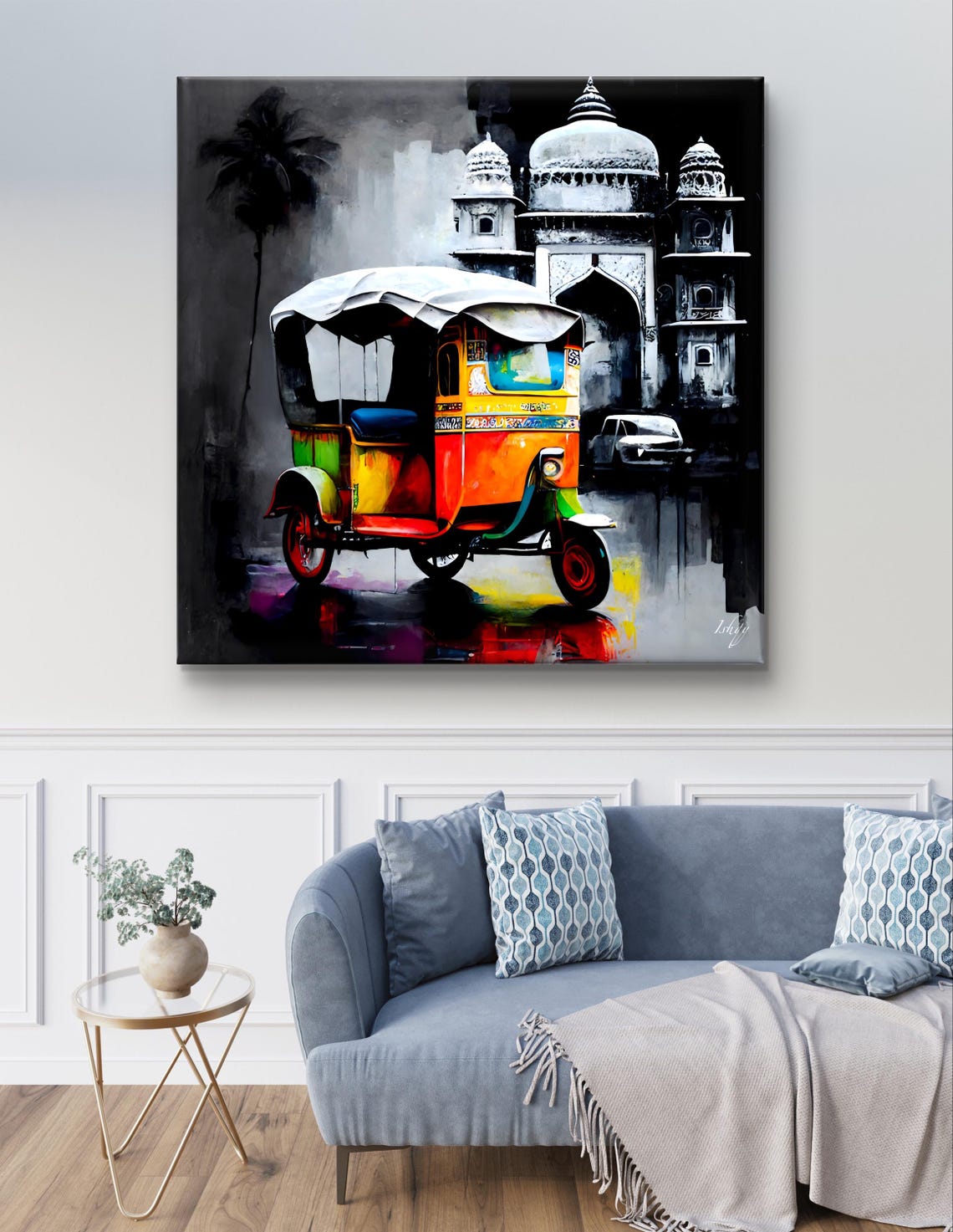 Painted Rickshaw Before a Gray Indian Temple Street Scene Poster - Image 3