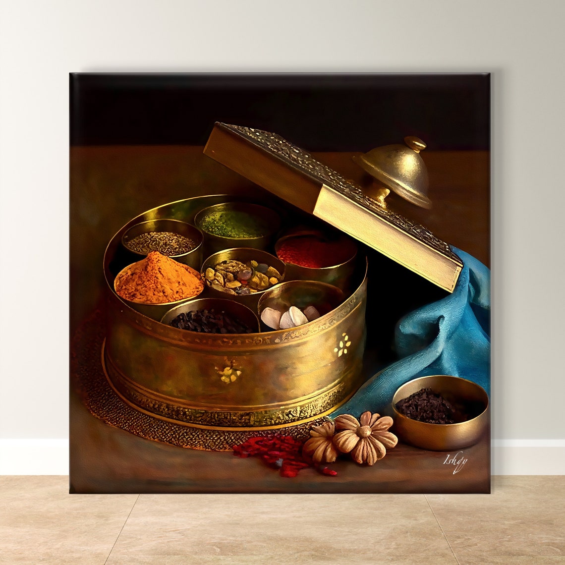 Golden Brass Indian Spice Box Still Life Kitchen Art Decor Poster