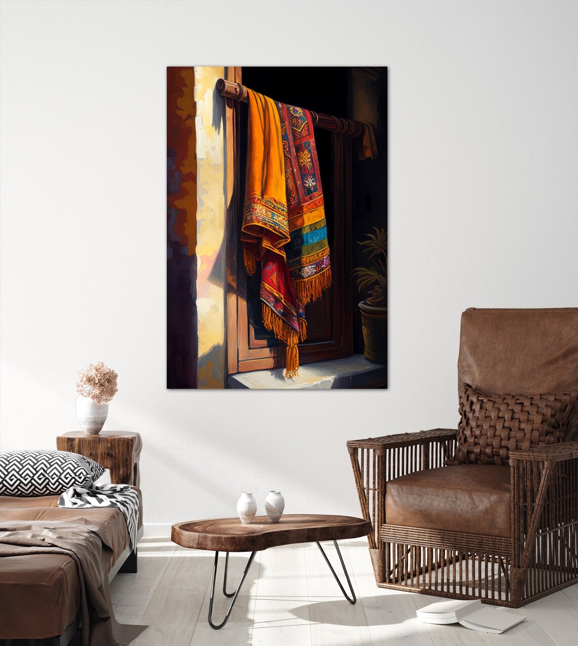 Embroidered Textiles Hanging Beside a Sunlit Wooden Doorway Poster - Image 6