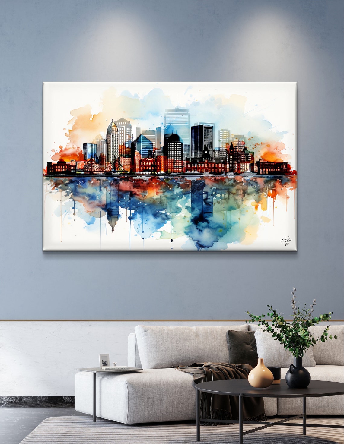 Boston Skyline Watercolor Cityscape Reflection Modern Poster - Image 5