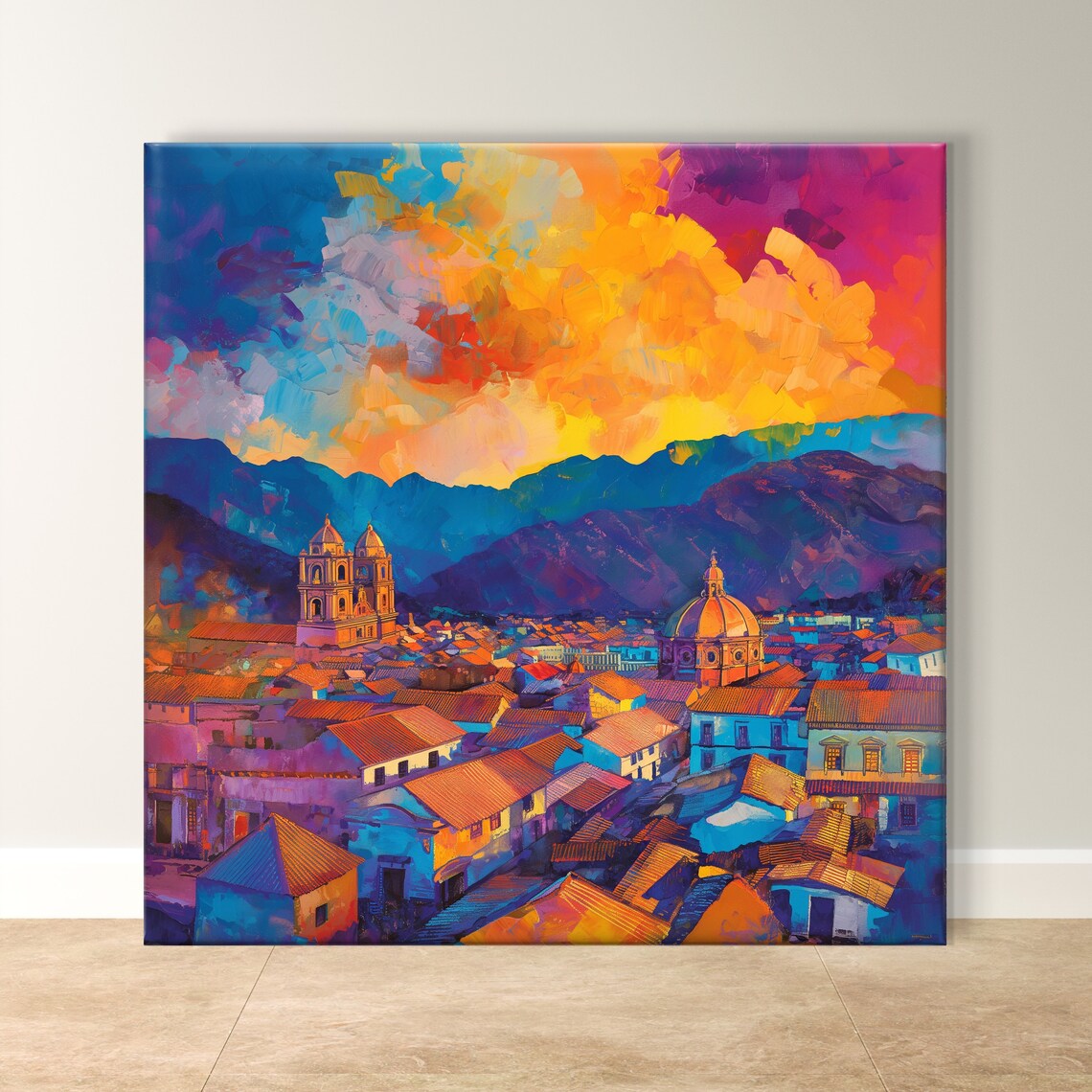 Cuzco Peru Sunset Skyline Over Colonial Churches Painting Poster