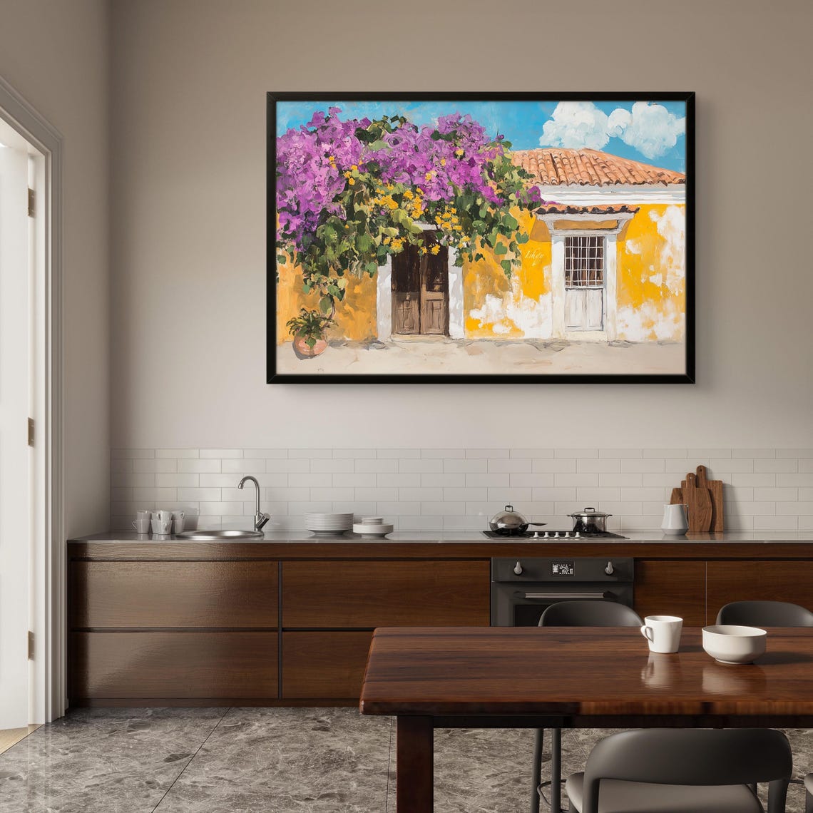 Yellow Colonial House Purple Bougainvillea Tropical Art Poster - Image 2