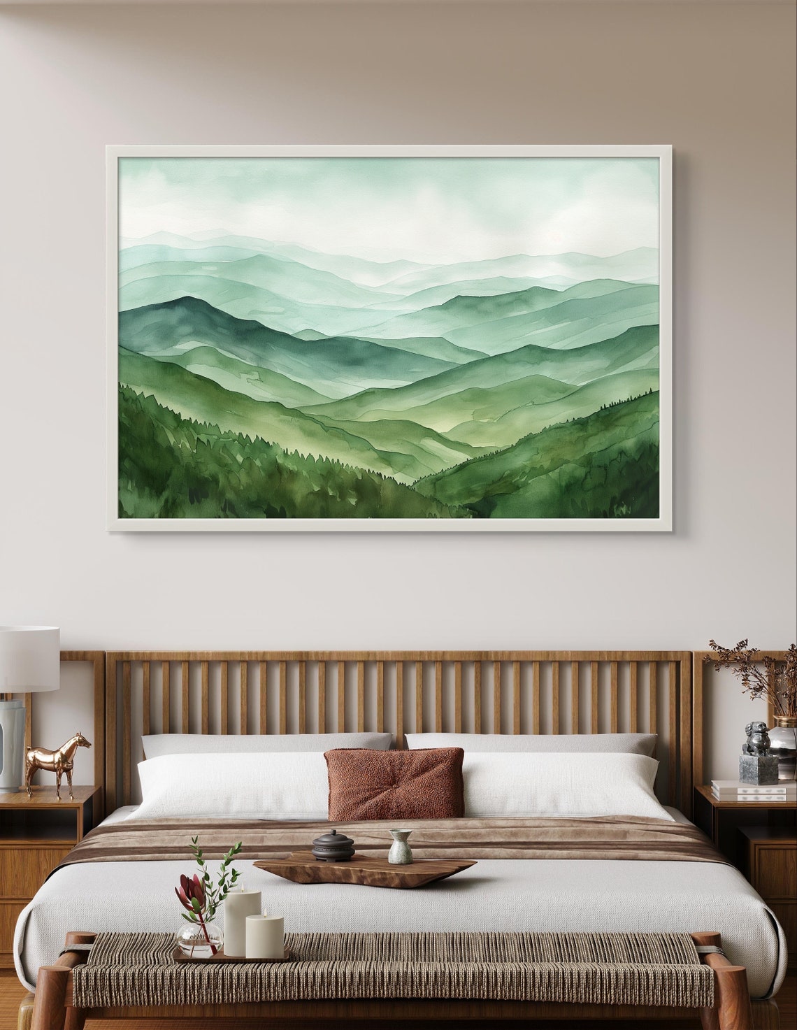 Misty Green Mountain Layers Tranquil Watercolor Landscape Art Poster - Image 3
