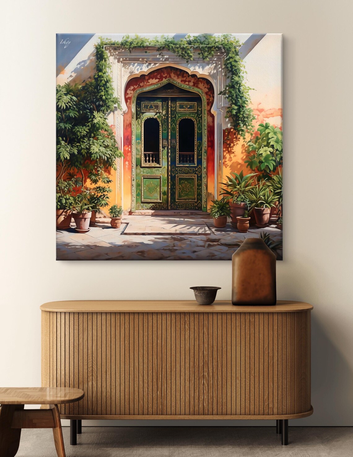 Green Carved Haveli Door Sunlit Arched Entrance India Art Poster - Image 4