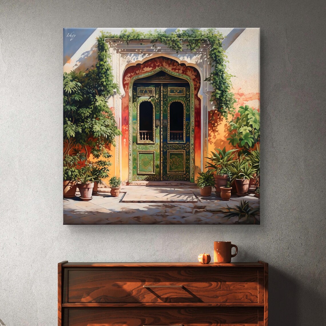 Green Carved Haveli Door Sunlit Arched Entrance India Art Poster - Image 7