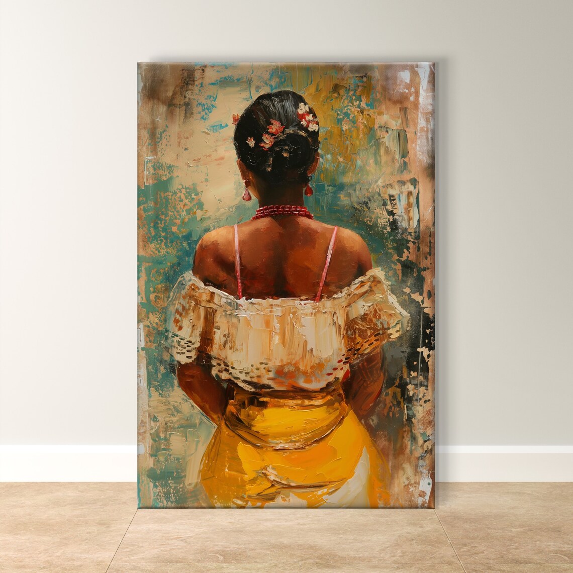 Brazilian Woman in White Lace Off-Shoulder Blouse Oil Art Poster
