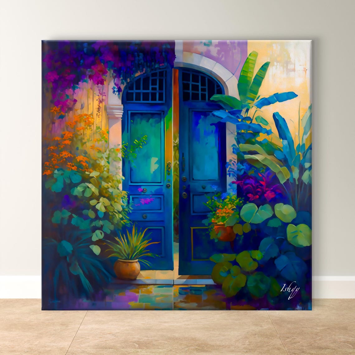 Vibrant Blue Doorway Framed by Lush Tropical Plants Garden Poster