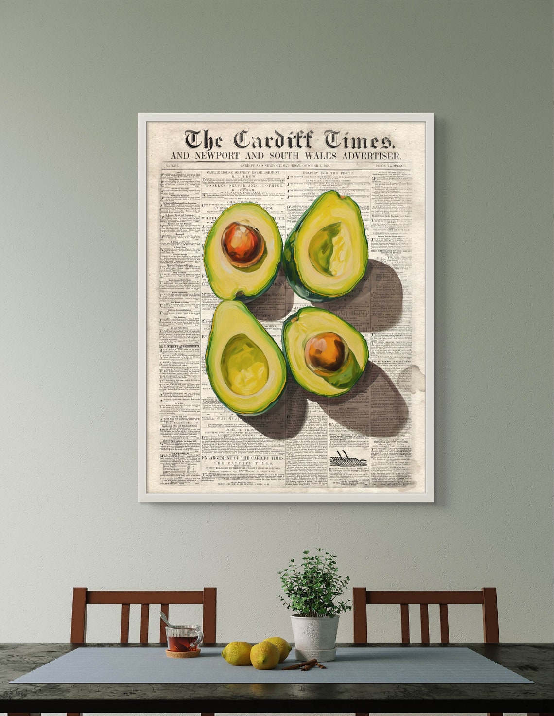 Halved Avocados on Vintage Cardiff Times Newspaper Art Kitchen Poster - Image 4