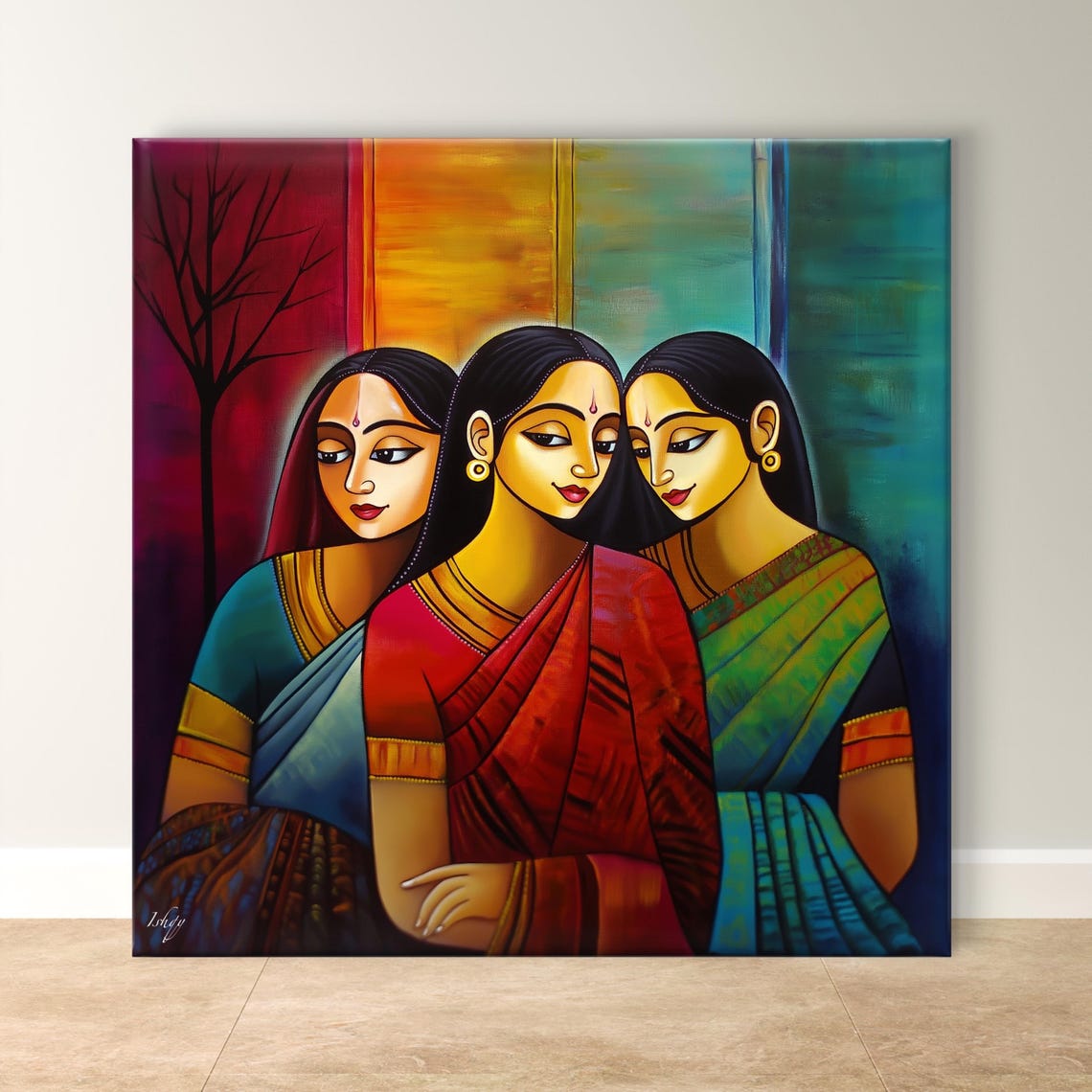 Three Women in Sarees Bold Abstract Portrait Modern Art Poster