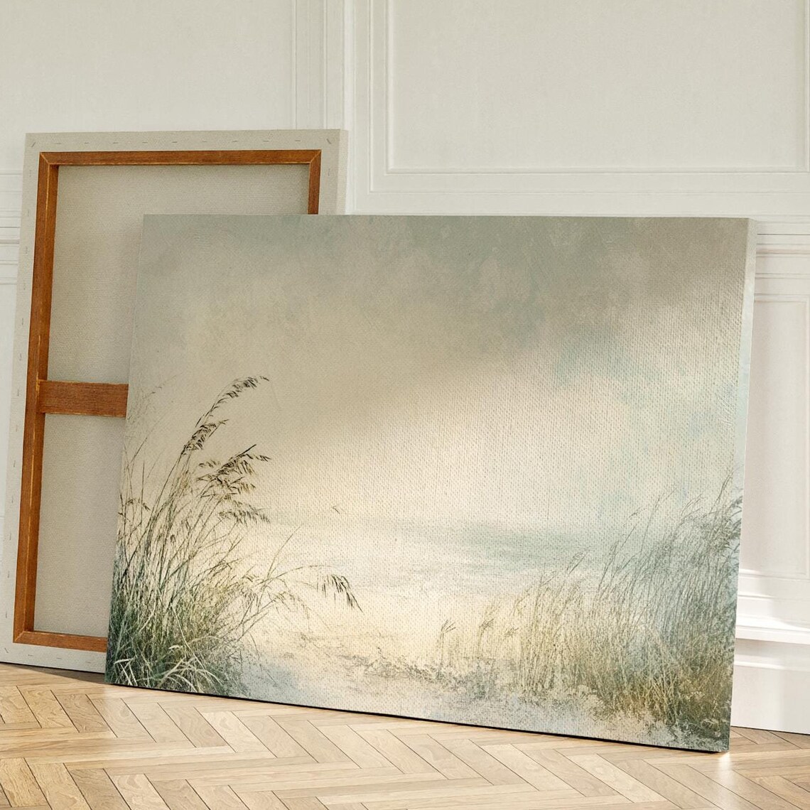 Misty Beach With Dune Grass Soft Neutral Coastal Morning Wall Art