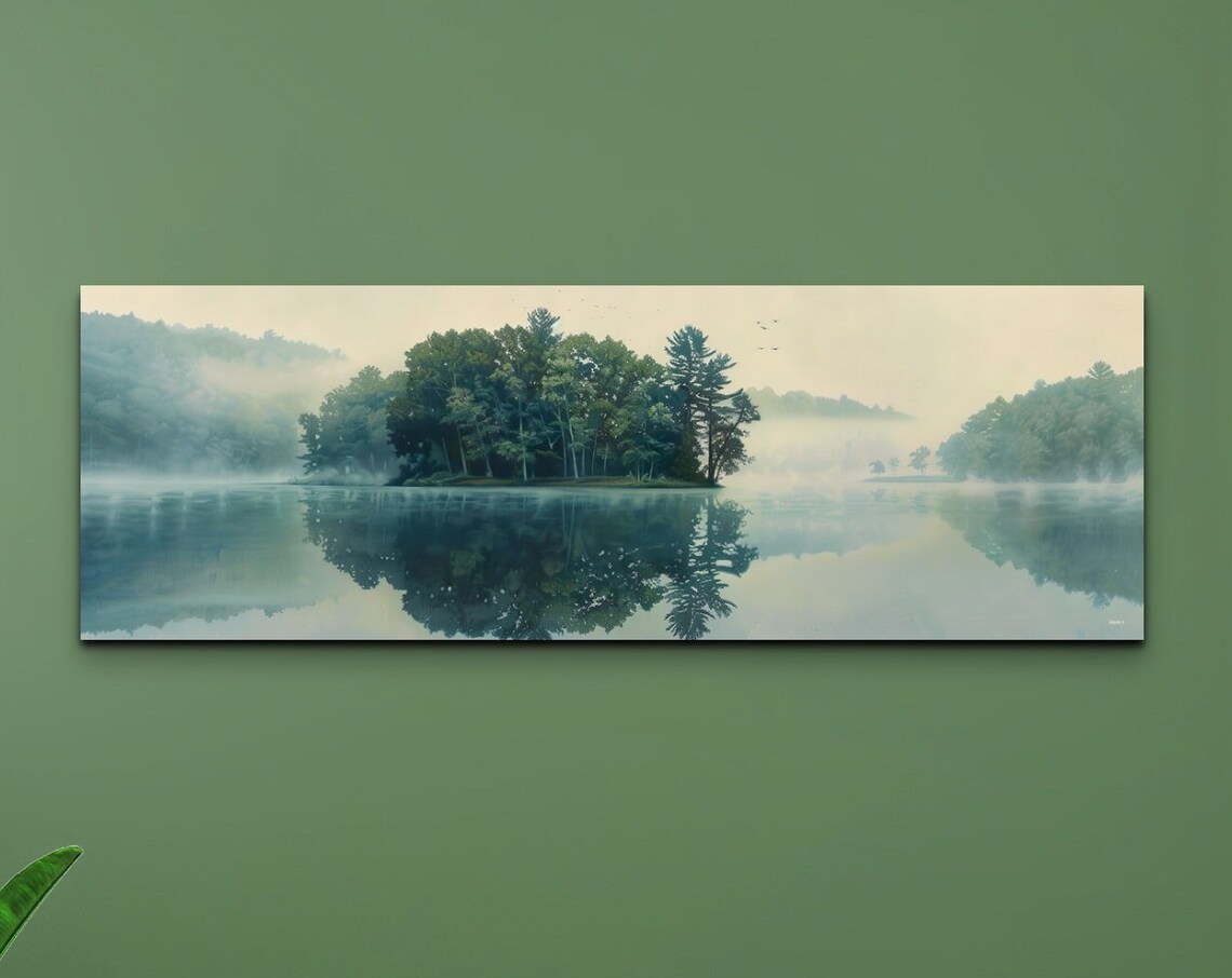 Foggy Lake With Green Island Mirror Reflection Nature Poster