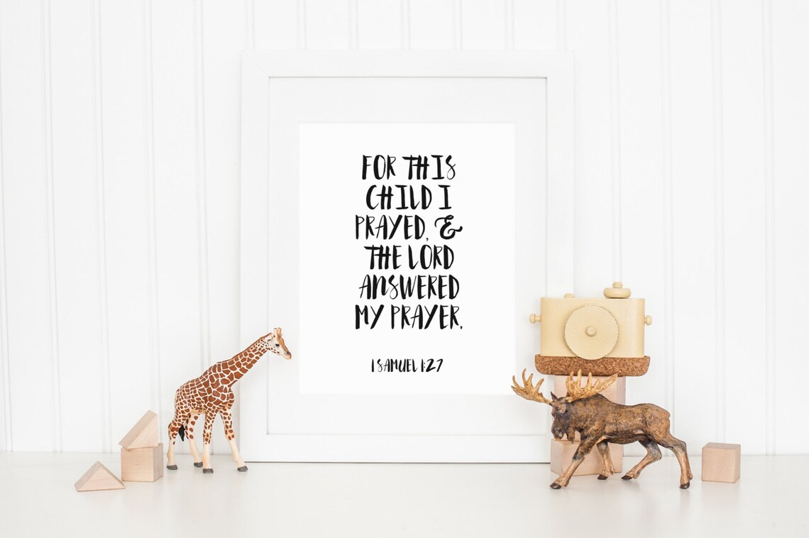 1 Samuel 127 For This Child I Prayed Bible Verse Wall Art Monochrome Nursery Boy Christian Print Any Size