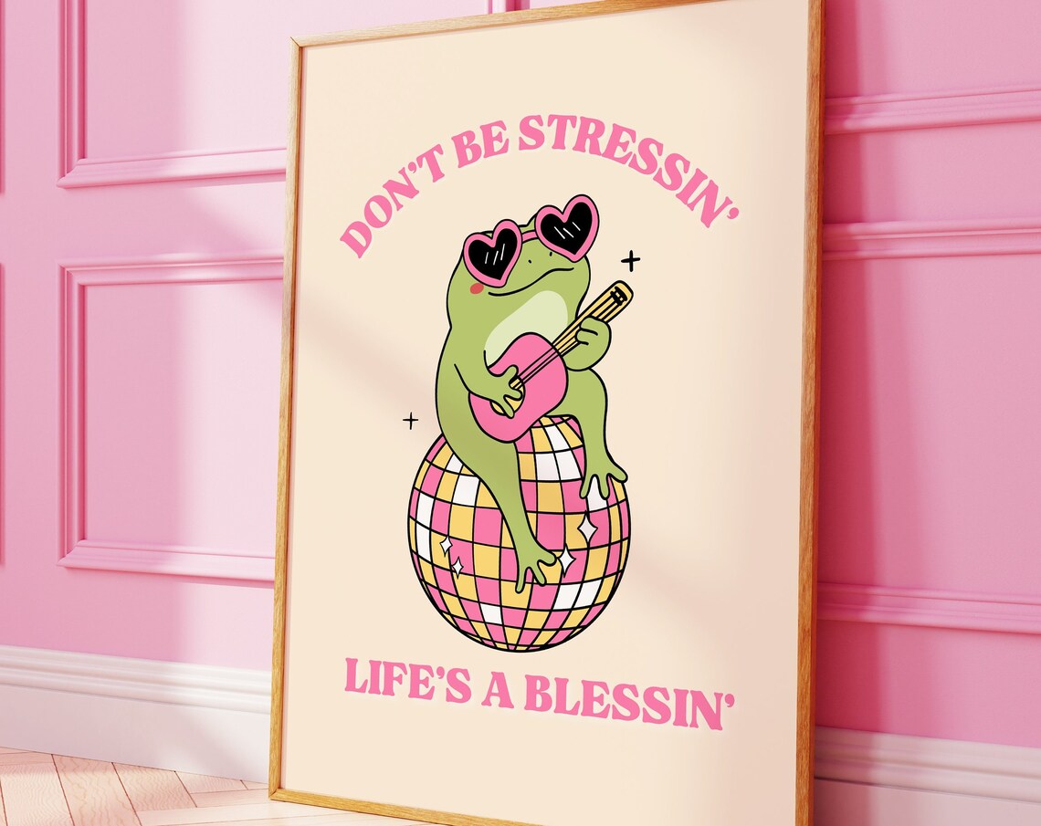 Trendy Frog Illustration, Pink Wall Art Print