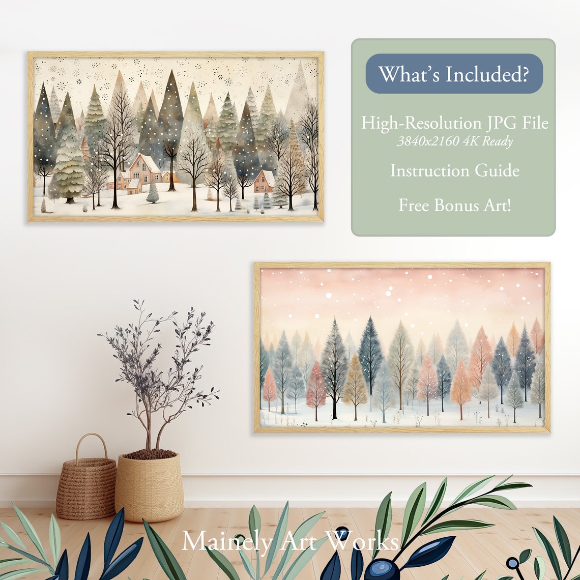 Country Frame Tv Art Winter Farmhouse Scene For Frame Tv Vintage Village Tv Art Folk Art Frame Tv Art Country Farmhouse Frame Tv - Image 2