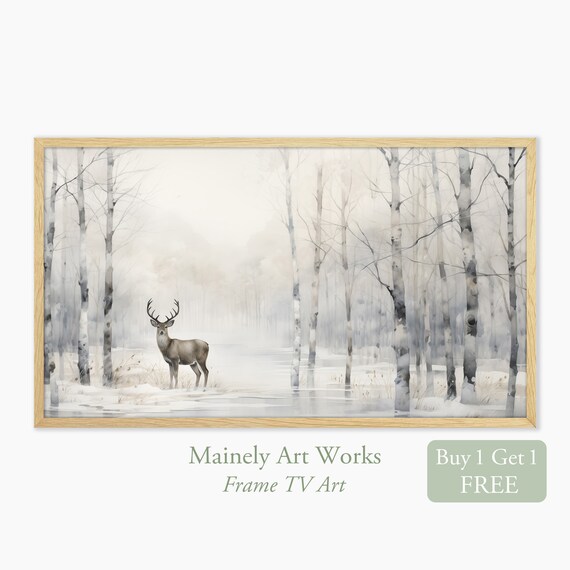 White Tailed Deer Buck In Misty Snowy Birch Forest Winter Wildlife Wall Art Print