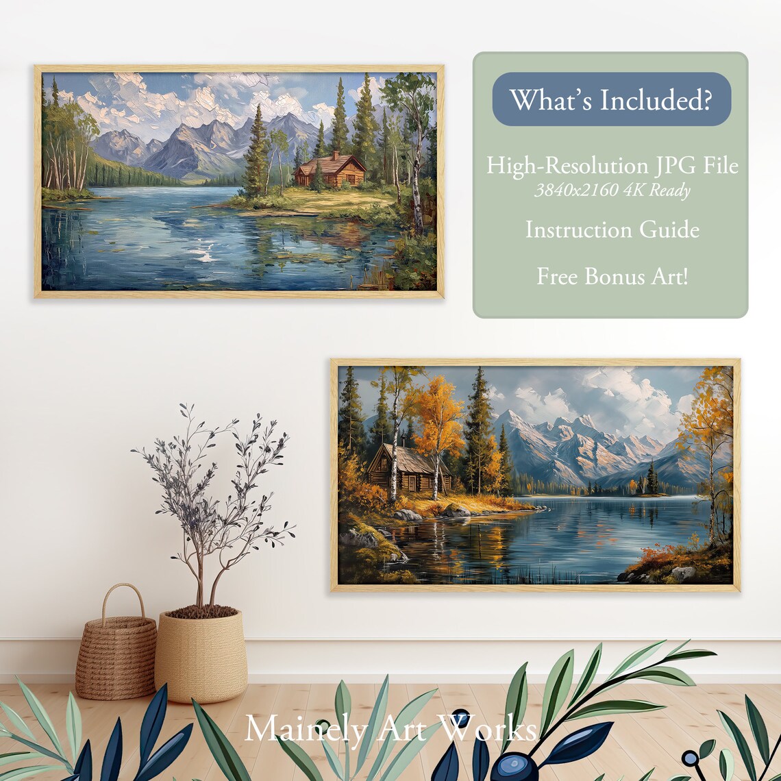 Lake Mountain Landscape Art Print, Log Cabin Decor - Image 2