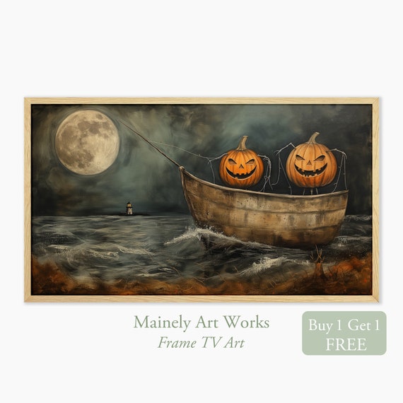 Halloween Pumpkin Heads Fishing Full Moon Art Print