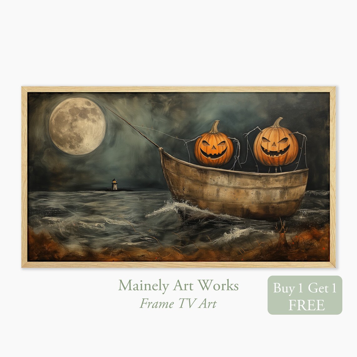 Halloween Pumpkin Heads Fishing Full Moon Art Print