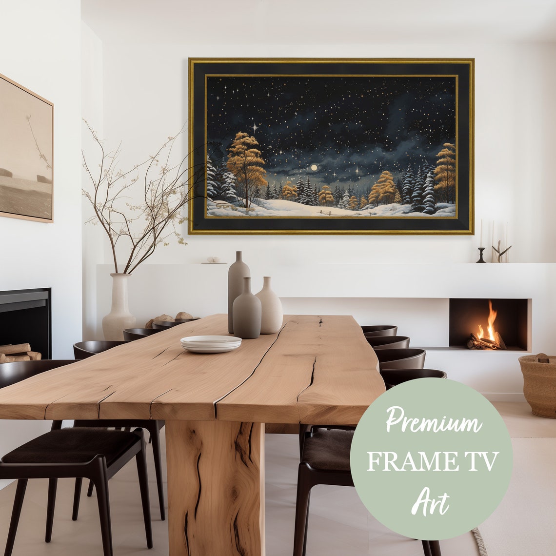 Winter Frame Tv Art Vintage Country Art For Tv Village Painting Nighttime Winter Tv Art Folk Primitive Tv Art Christmas Trees - Image 2