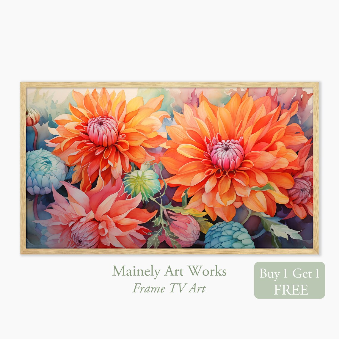 Orange Autumn Mum Bloom Dahlia Style Watercolor Floral Poster