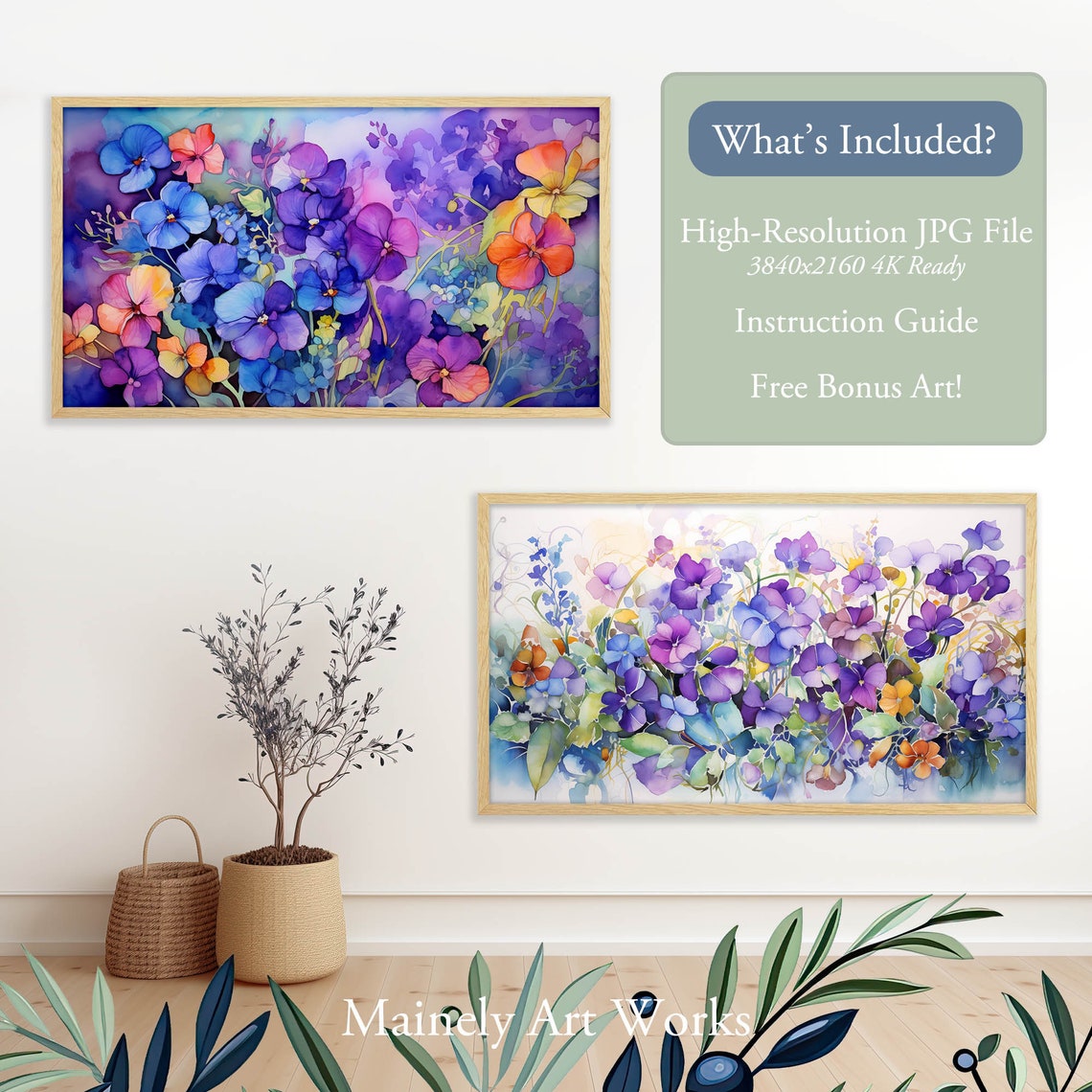 Vibrant Purple Violet Pansy Watercolor Floral Bouquet Poster - Image 2