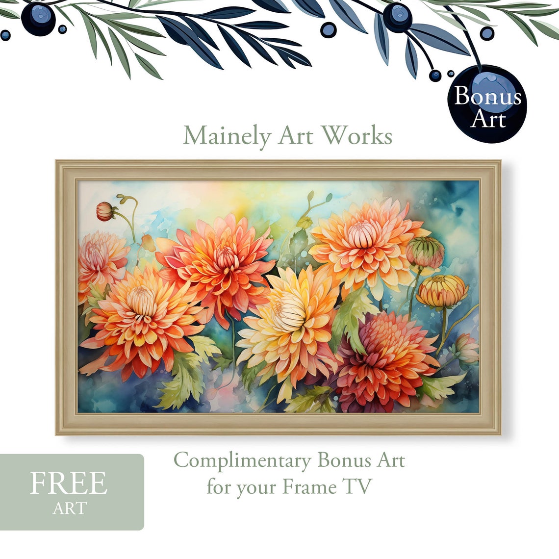 Orange Autumn Mum Bloom Dahlia Style Watercolor Floral Poster - Image 2