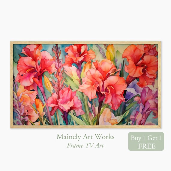 Coral Gladiolus Bloom Vibrant Floral Watercolor Summer Poster