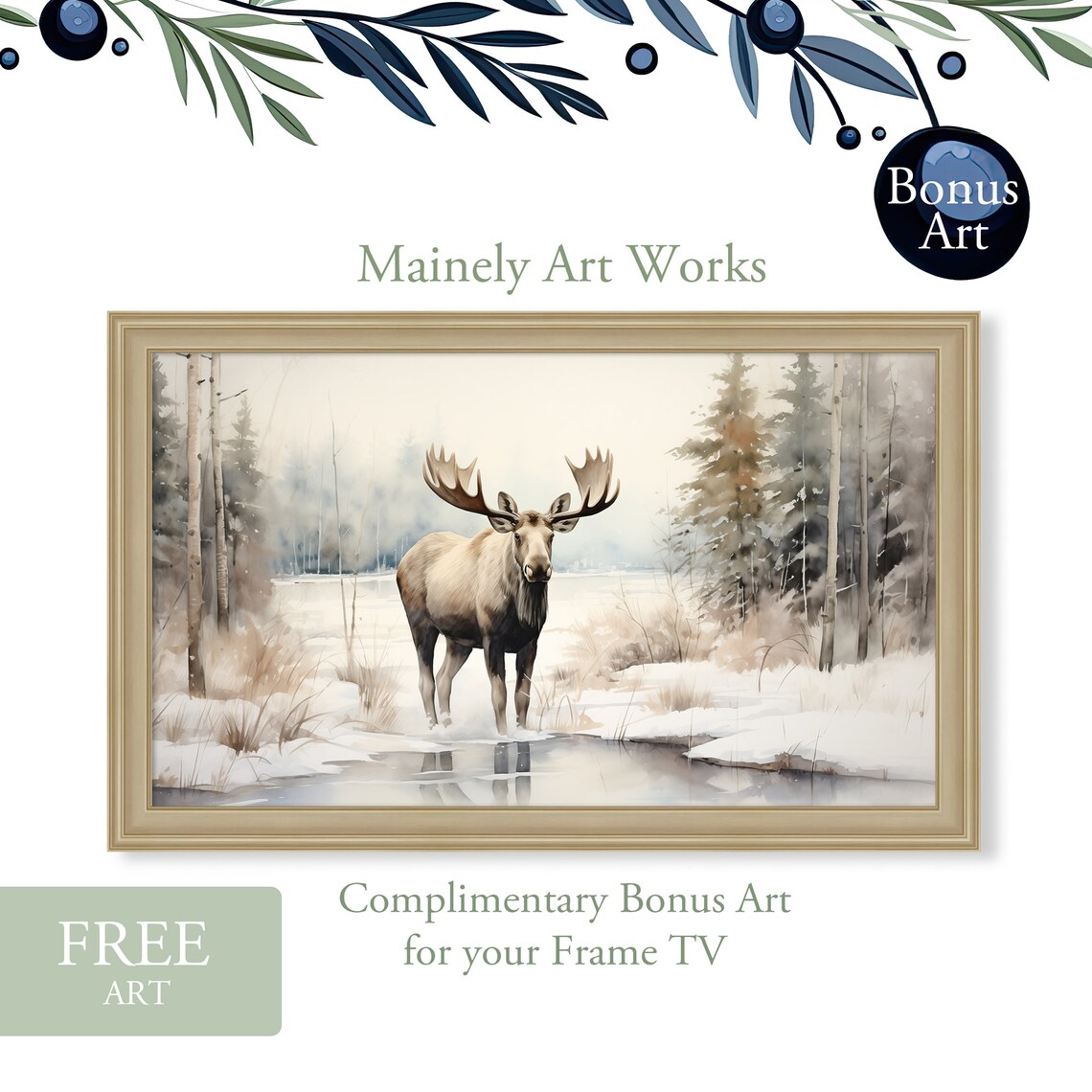 Moose Winter Landscape Watercolor Art Print - Image 3