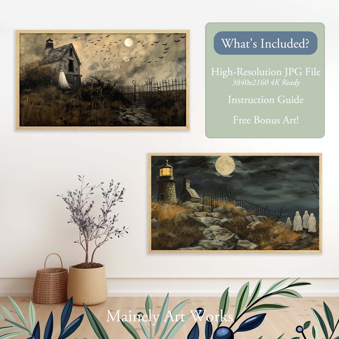 Spooky Lighthouse Ghost With Bats Full Moon Vintage Halloween Wall Art Print - Image 2