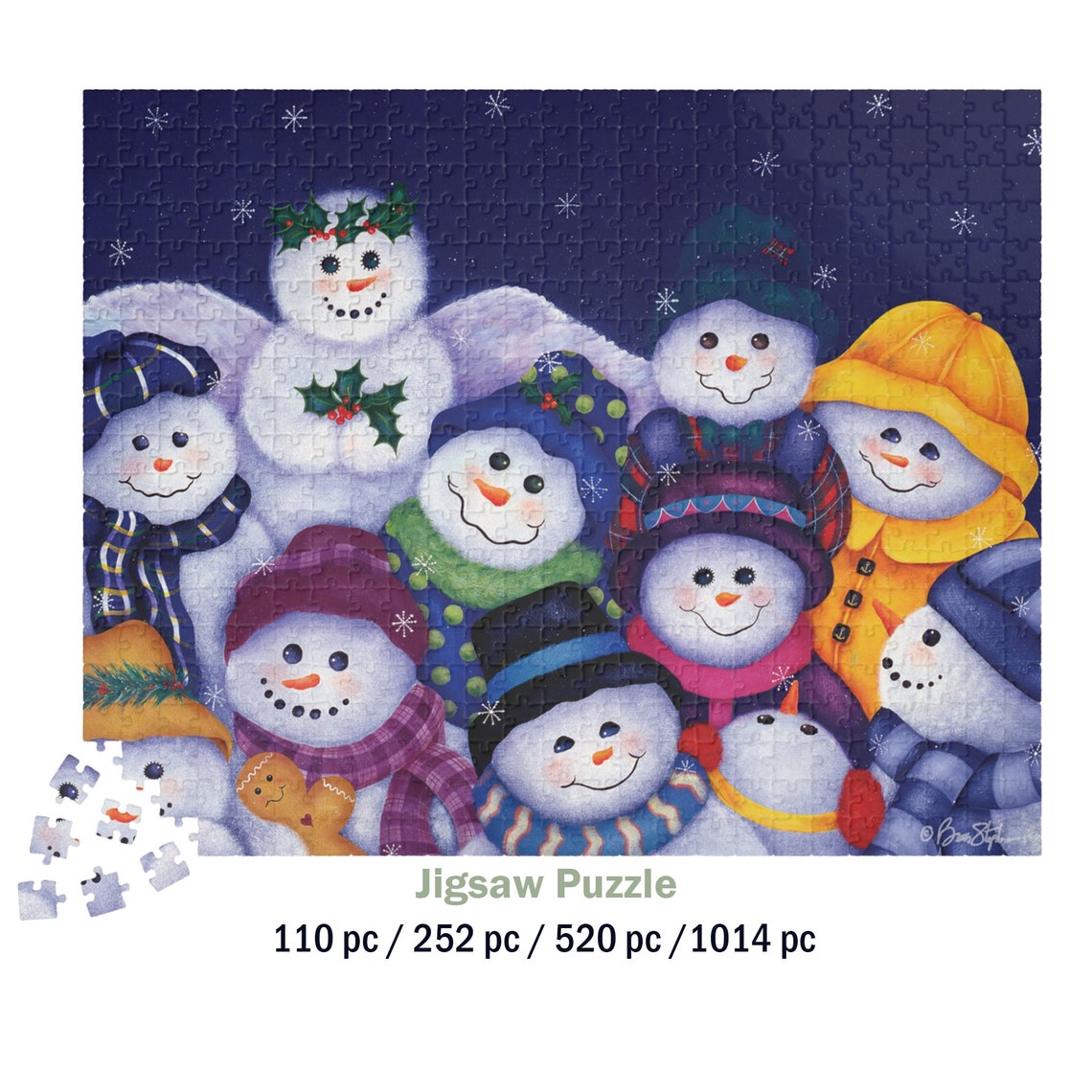 Cheerful Snowmen Family In Winter Night With Gingerbread Man Wall Art