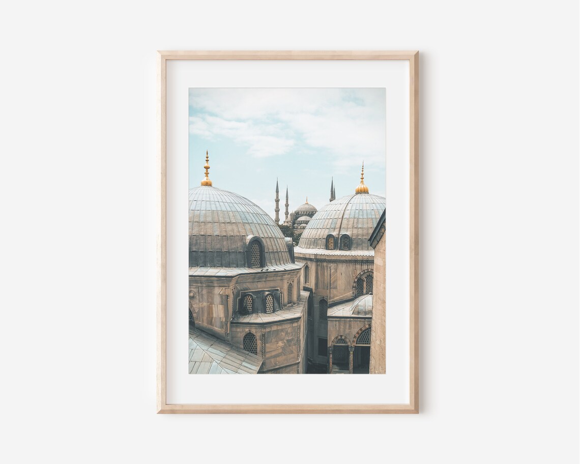 Historic Mosque Domes Golden Finials Minarets Skyline Travel Poster