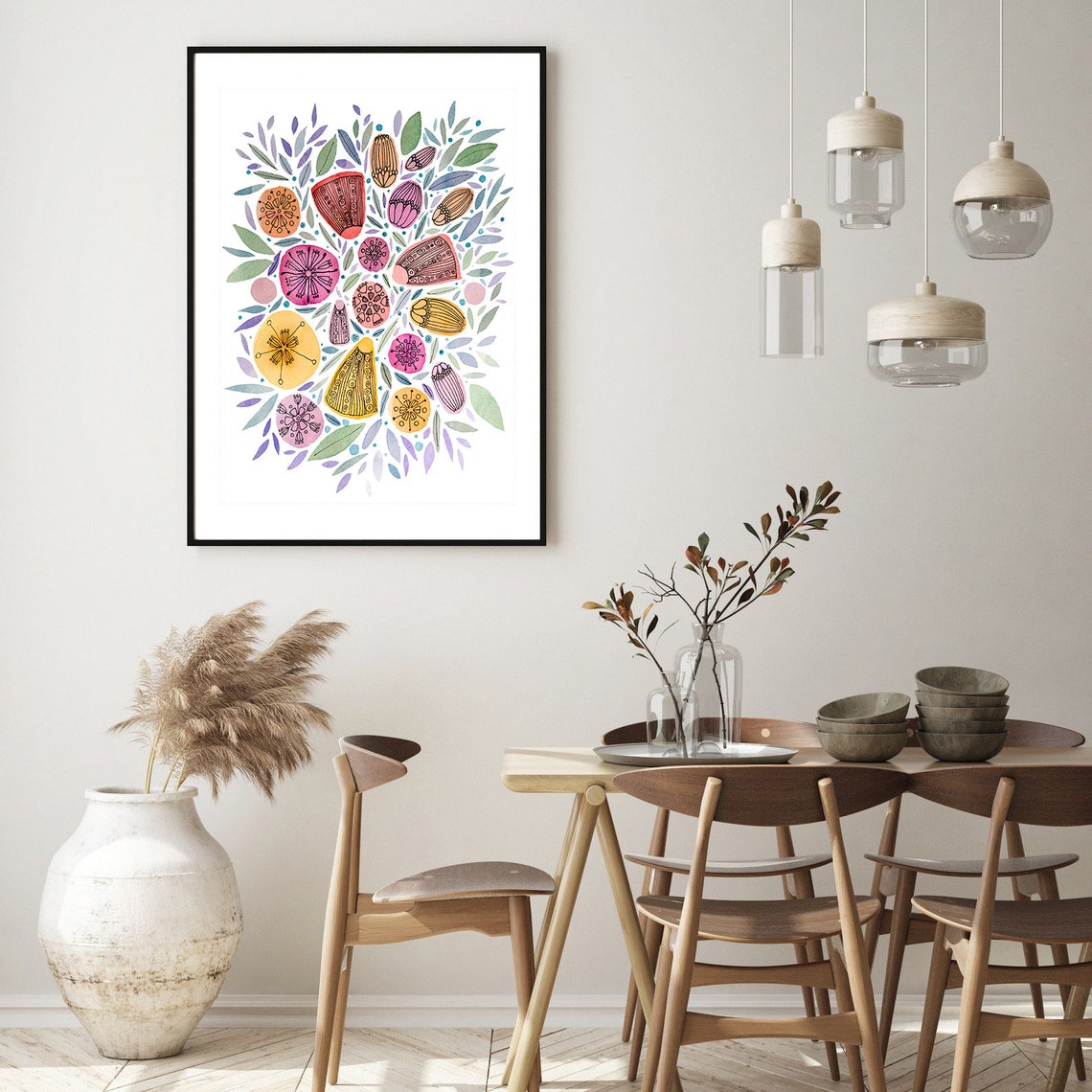 Botanical Watercolor Leaves Painting Leaves And Flowers Print Nursery Wall Art Watercolor Floral Print Mixed Media Art Print Girls Room - Image 2