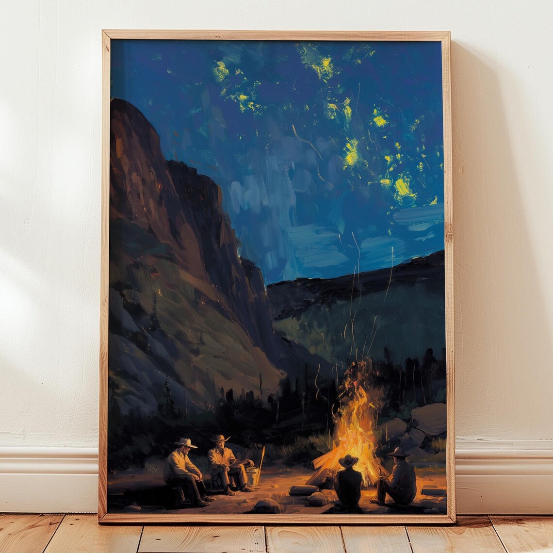 Cowboys Around Night Campfire Under Starry Canyon Sky Poster