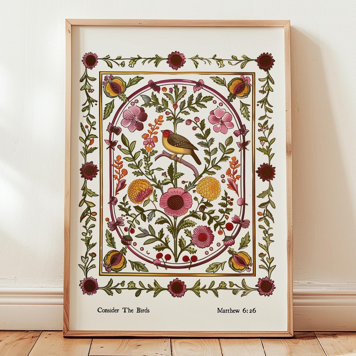 Consider The Birds Matthew 626 Floral Border Scripture Poster