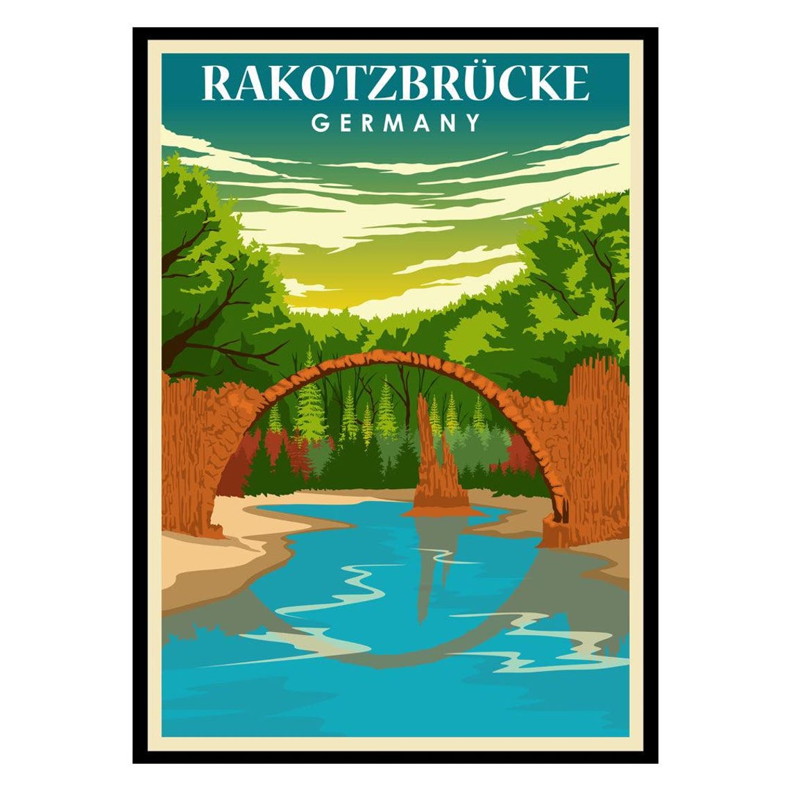 Rakotzbruecke Germany Stone Arch Bridge Reflection Travel Poster