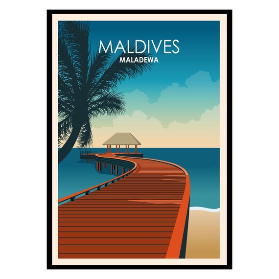 Maldives Maladewa Vintage Travel Poster Jetty Palm Sunset Decor
